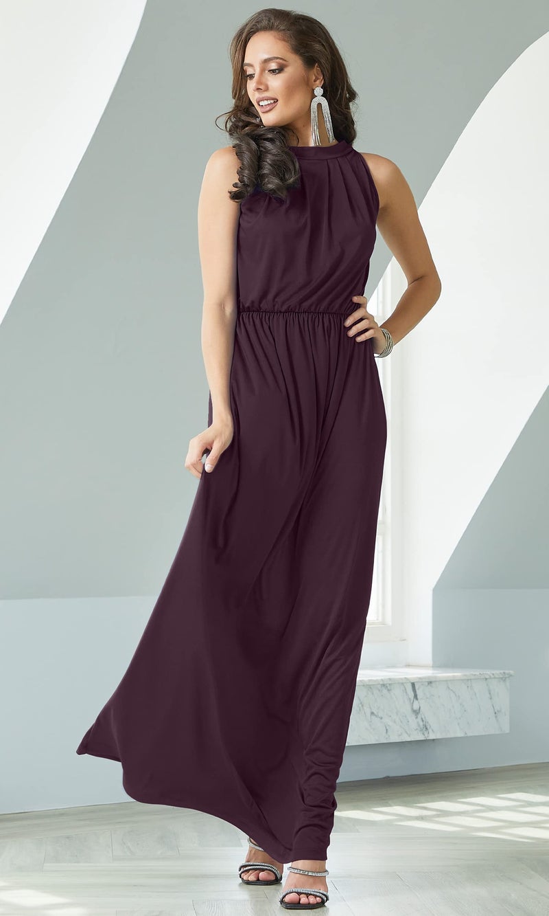 KOH KOH Plus Size Womens Long Sexy Sleeveless Bridesmaid Halter Neck Wedding Party Guest Summer Flowy Casual Brides Formal Evening A-line Gown Gowns Maxi Dress Dresses, Sangria Wine 2XL 18-20 - Image 2